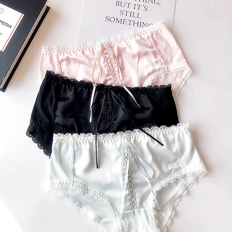 High Quality Satin Texture Sexy Panties For Women Hollow Out Cross Ribbon Underwear Girls Cotton Crotch Lingerie Woman Briefs