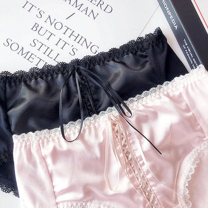 High Quality Satin Texture Sexy Panties For Women Hollow Out Cross Ribbon Underwear Girls Cotton Crotch Lingerie Woman Briefs