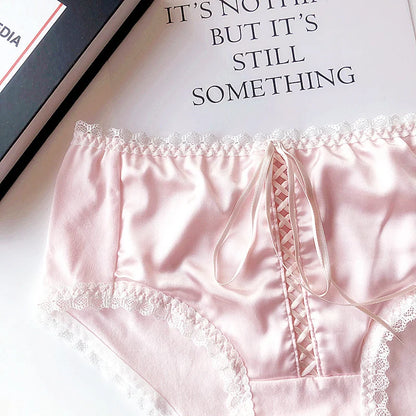 High Quality Satin Texture Sexy Panties For Women Hollow Out Cross Ribbon Underwear Girls Cotton Crotch Lingerie Woman Briefs
