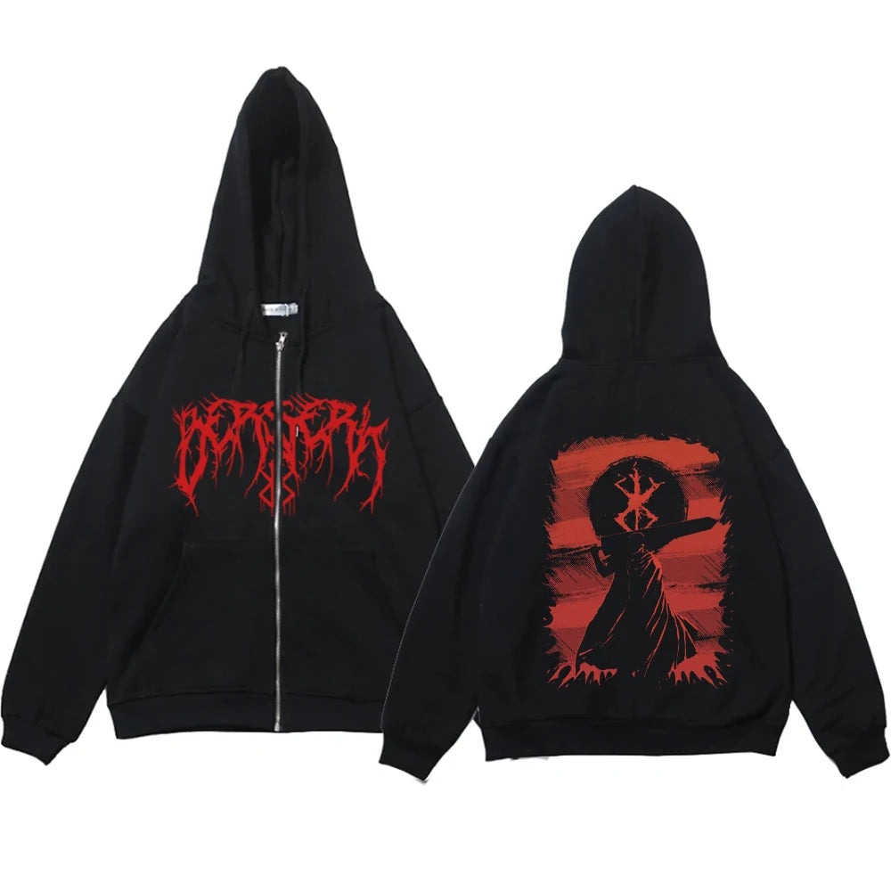Anime Y2k Zip Up Hoodie Berserk Zipper Thin Fleece Sweatshirt