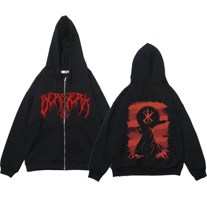 Anime Y2k Zip Up Hoodie Berserk Zipper Thin Fleece Sweatshirt
