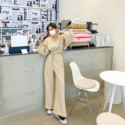 Womens Sportswear Suits Cotton Autumn Korean Loose Lantern Sleeve Pullover Casual Straight Leg Pants Two Piece Sets Sports Set