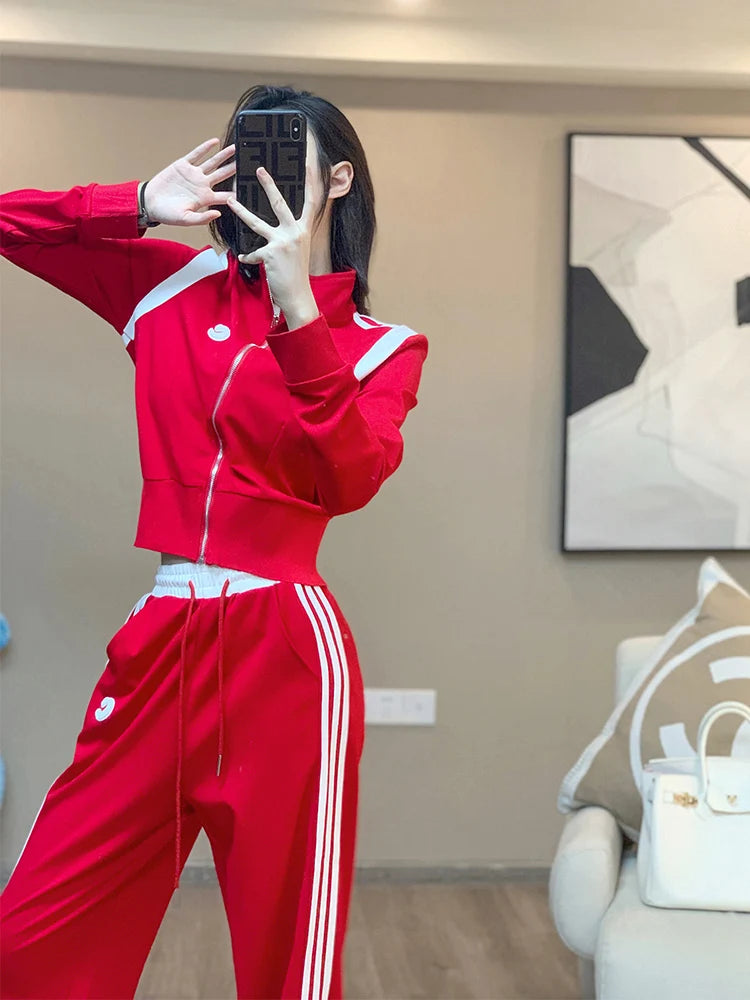 Korean Red Short top Sports suit Women's Spring Stylish Set