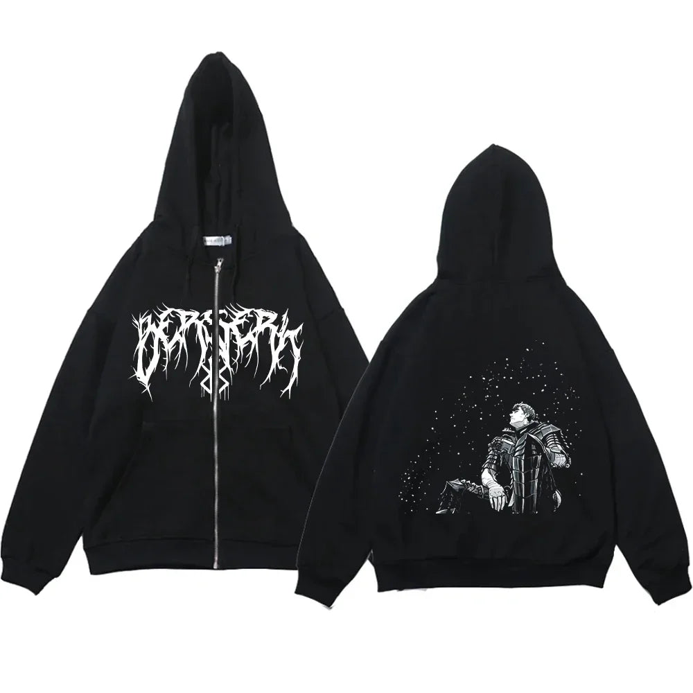 Anime Y2k Zip Up Hoodie Berserk Zipper Thin Fleece Sweatshirt