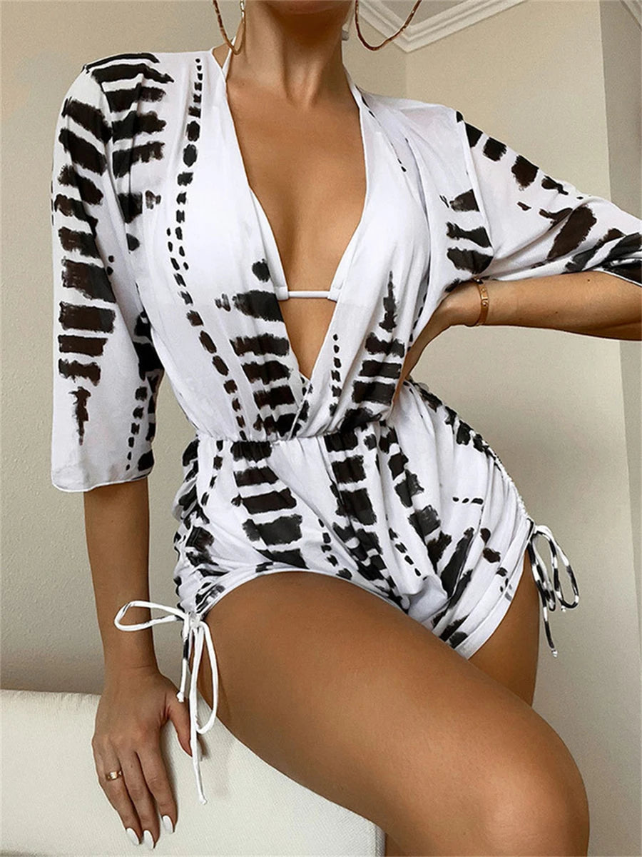 3 pieces Halter Bikini Tropical Print Swimsuit
