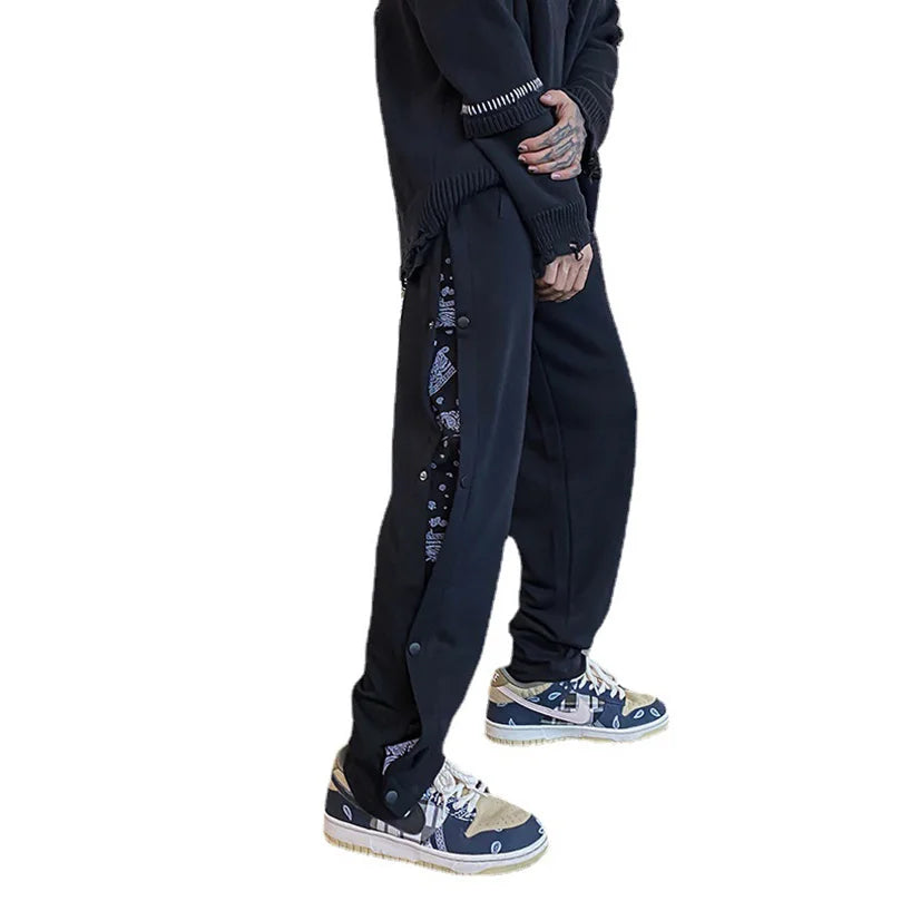 Men's High Street Hip Hop Bandana Patchwork Sweatpants Side Button Sportswear Korean Casual Hiphop Trousers for Boys Harajuku