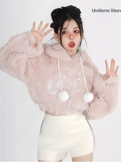 Womencute Pink Cat Korean Style Sweatshirt Y2k Short Pullover Tops