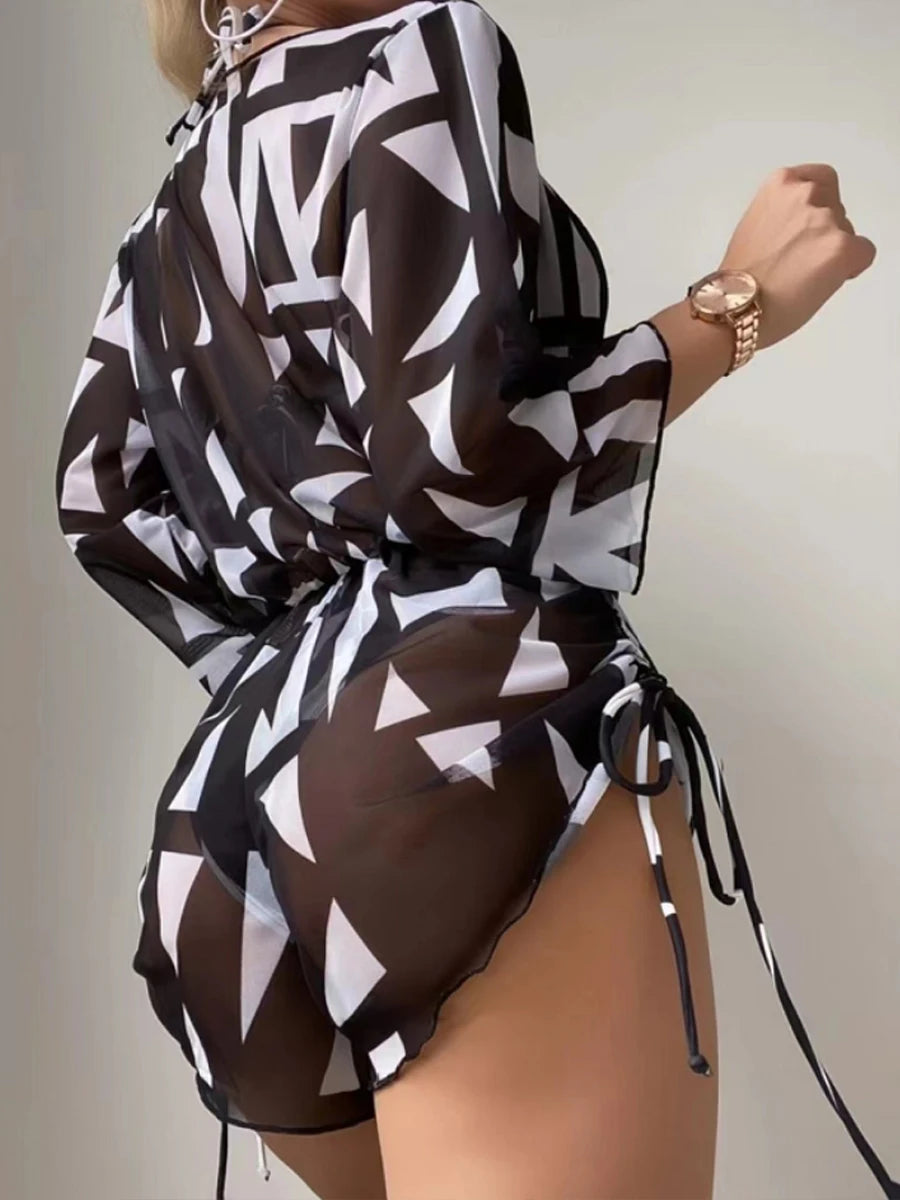 3 pieces Halter Bikini Tropical Print Swimsuit