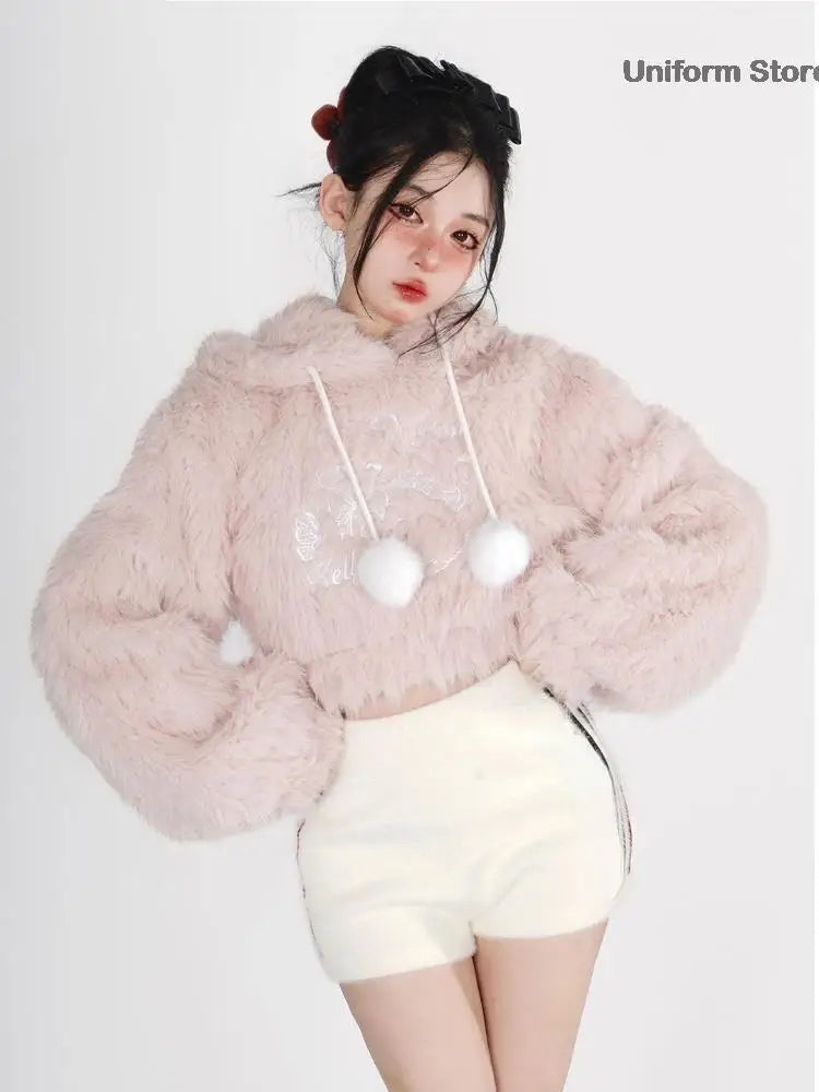 Womencute Pink Cat Korean Style Sweatshirt Y2k Short Pullover Tops