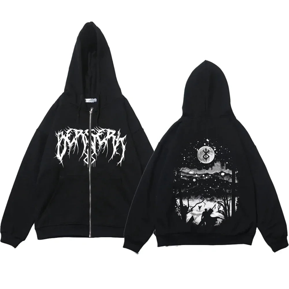 Anime Y2k Zip Up Hoodie Berserk Zipper Thin Fleece Sweatshirt