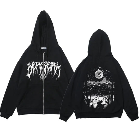 Anime Y2k Zip Up Hoodie Berserk Zipper Thin Fleece Sweatshirt