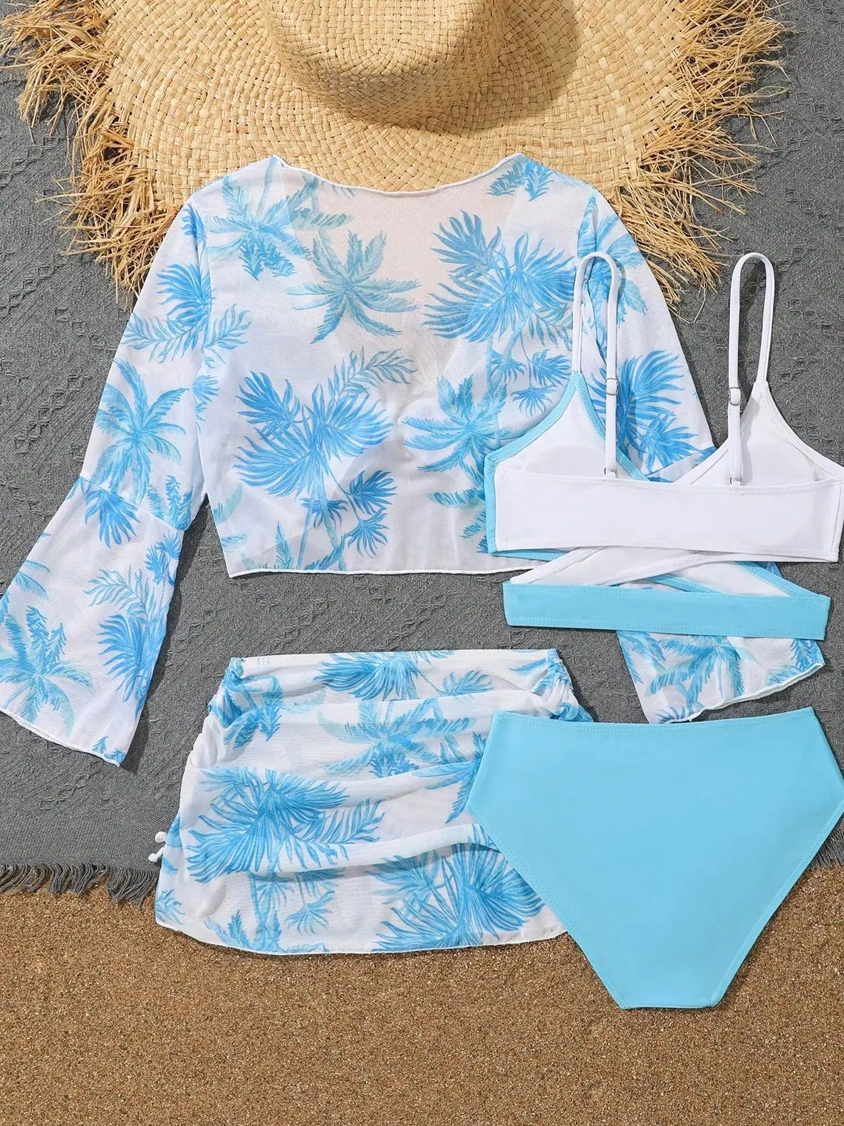 4 Pieces Bikini Top & Skirt  Swimsuit Kids High Waist Swimwear
