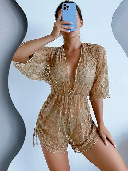 3 pieces Halter Bikini Tropical Print Swimsuit Drawstring Side Swimwear Women Long Sleeve Bathing Suit Female Swimming Beachwear
