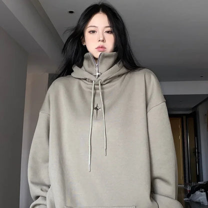 Streetwear Black Hooded Female Vintage Sweatshirts