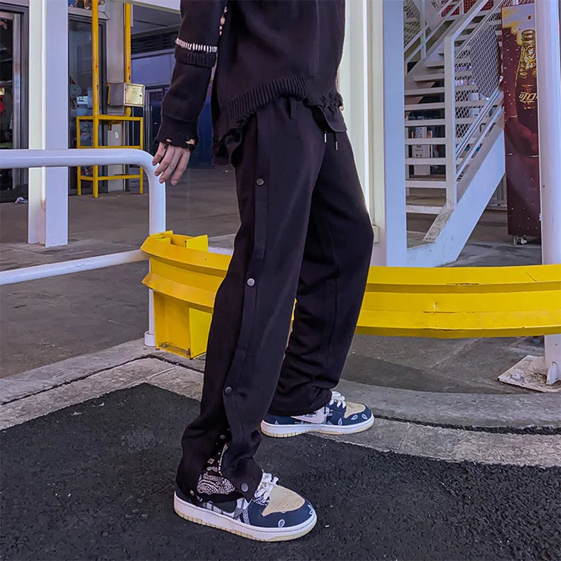 Men's High Street Hip Hop Bandana Patchwork Sweatpants Side Button Sportswear Korean Casual Hiphop Trousers for Boys Harajuku