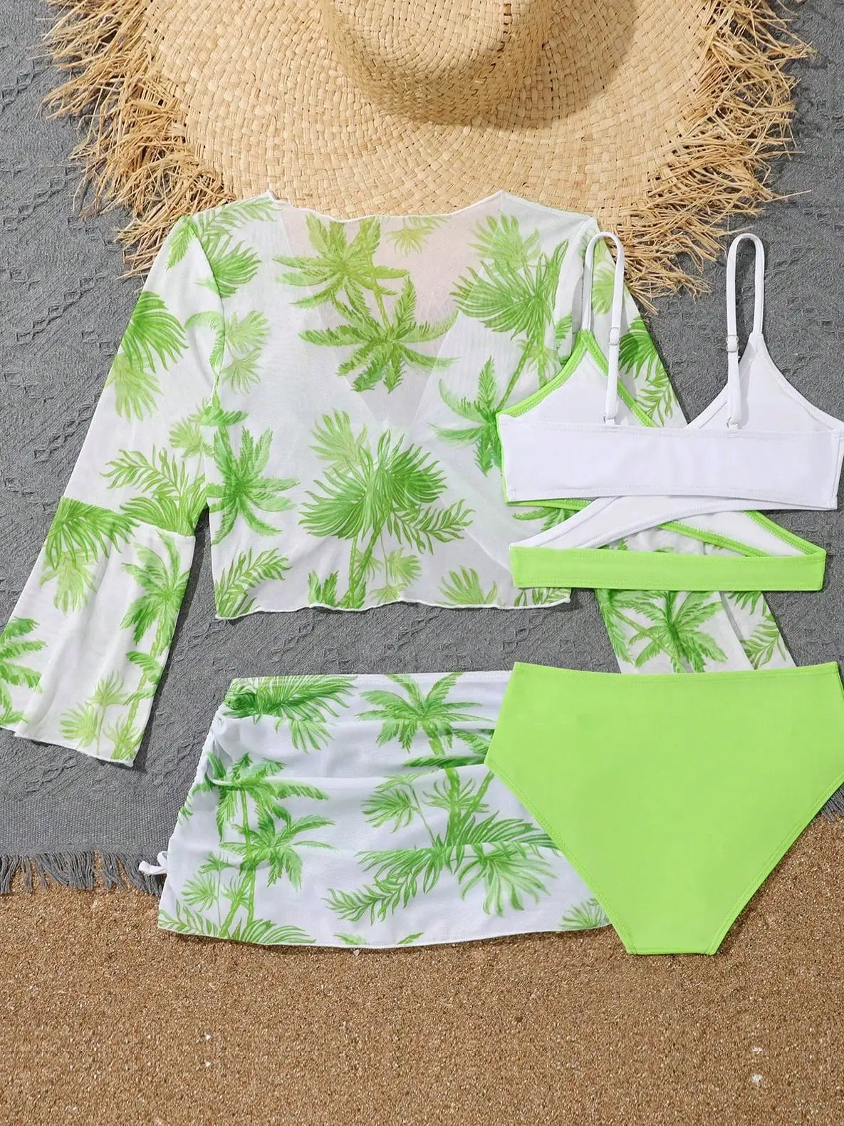 4 Pieces Bikini Top & Skirt  Swimsuit Kids High Waist Swimwear
