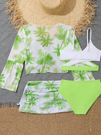 4 Pieces Bikini Top & Skirt  Swimsuit Kids High Waist Swimwear