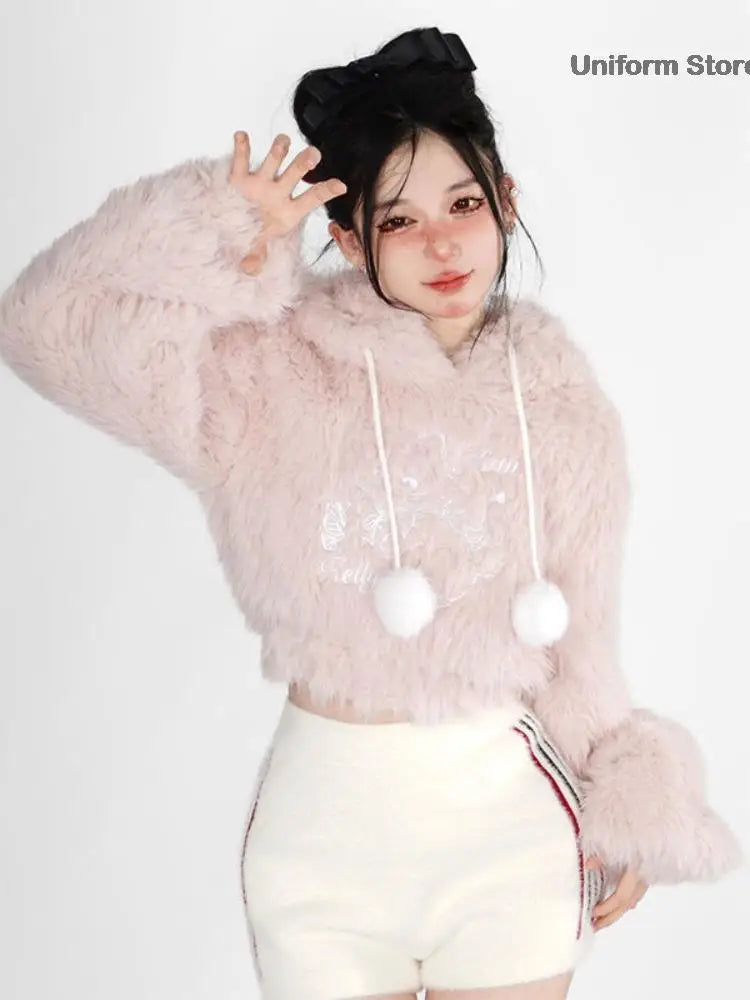Womencute Pink Cat Korean Style Sweatshirt Y2k Short Pullover Tops