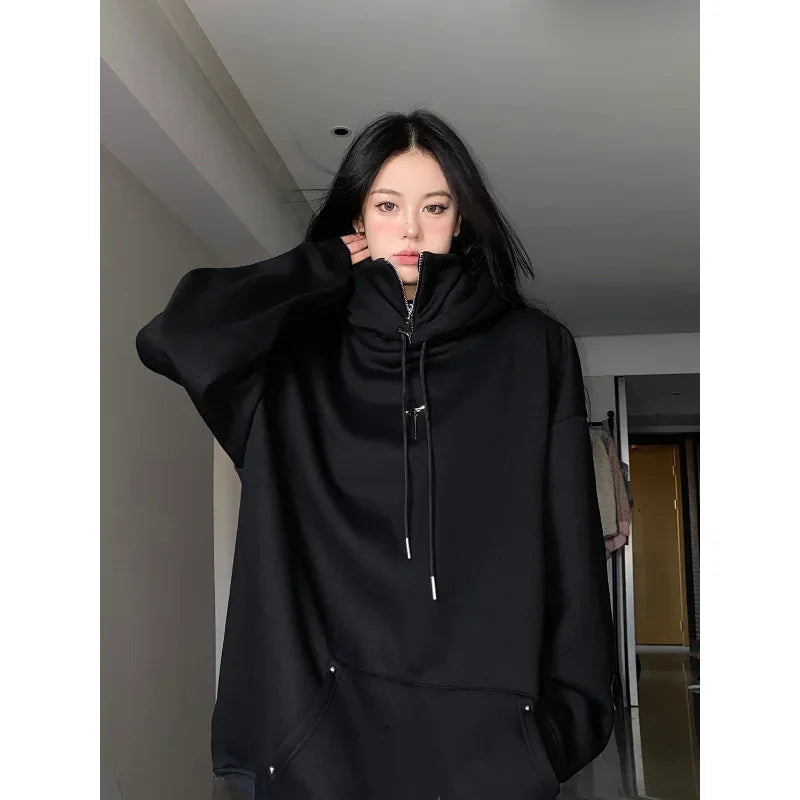 Streetwear Black Hooded Female Vintage Sweatshirts