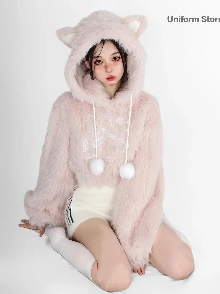 Womencute Pink Cat Korean Style Sweatshirt Y2k Short Pullover Tops