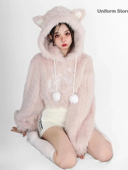 Womencute Pink Cat Korean Style Sweatshirt Y2k Short Pullover Tops