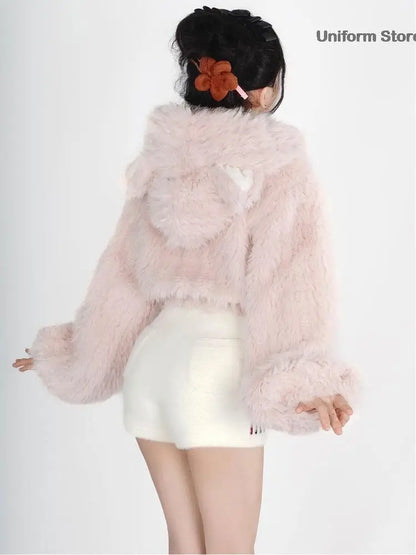 Womencute Pink Cat Korean Style Sweatshirt Y2k Short Pullover Tops