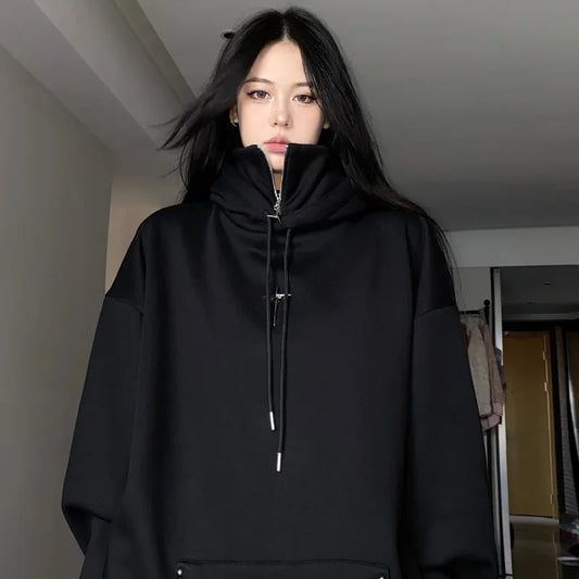 QWEEK Streetwear Black Hooded Female Sweatshirts Oversized Hoodie Women Harajuku Vintage Pullovers Korean Fashion Goth Aesthetic